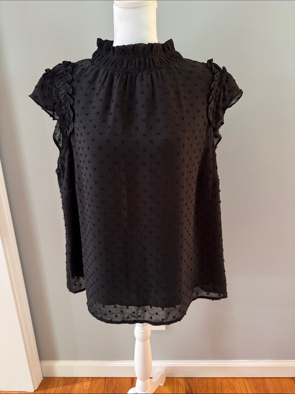 CeCe Black textured flutter sleeve high neck, black blouse BNWT